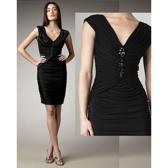 Tadashi Shoji black vintage embellished ruched cocktail mini dress XS